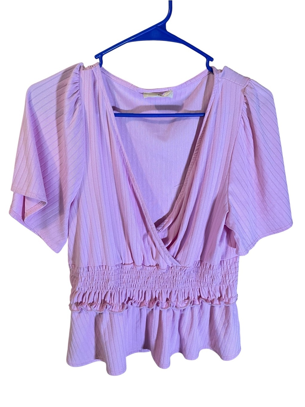 entro Pink Flutter Sleeve V-Neck Smocked Waist Blouse